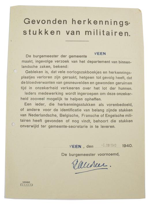 German/Dutch Announcement Leaflet 'Missing Military Personal Items'