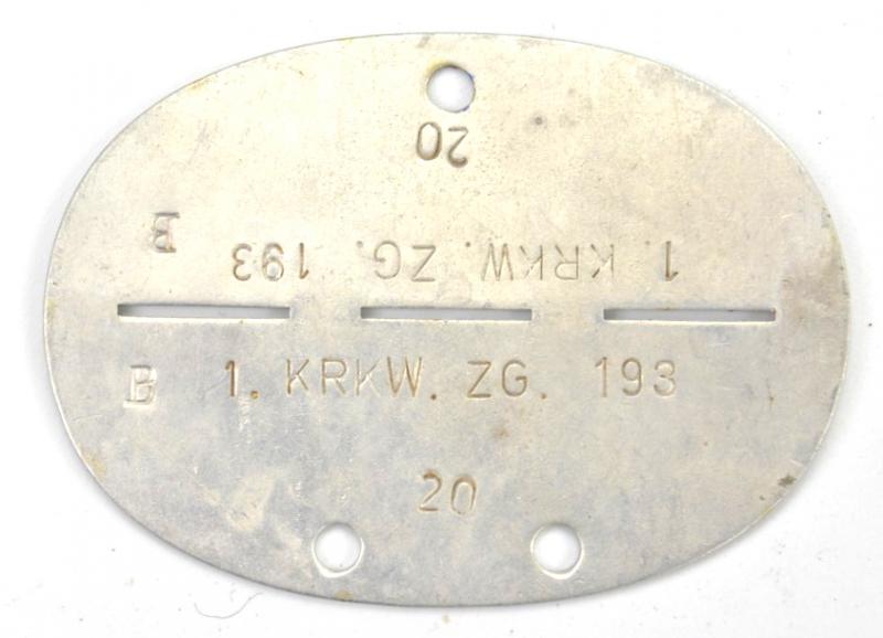 German WH Dog-Tag '1./Krkw.Zg. 193'