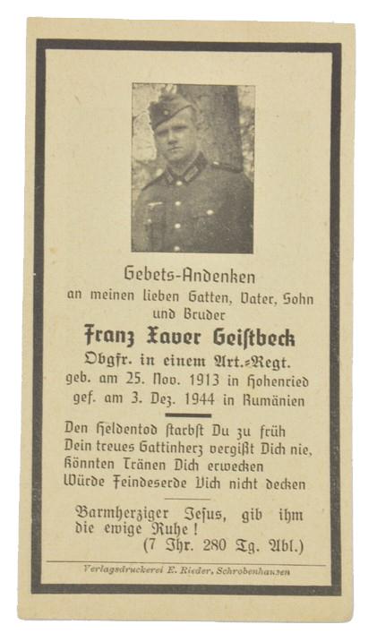German WH Deathcard 'Franz Xaver Geistbeck'