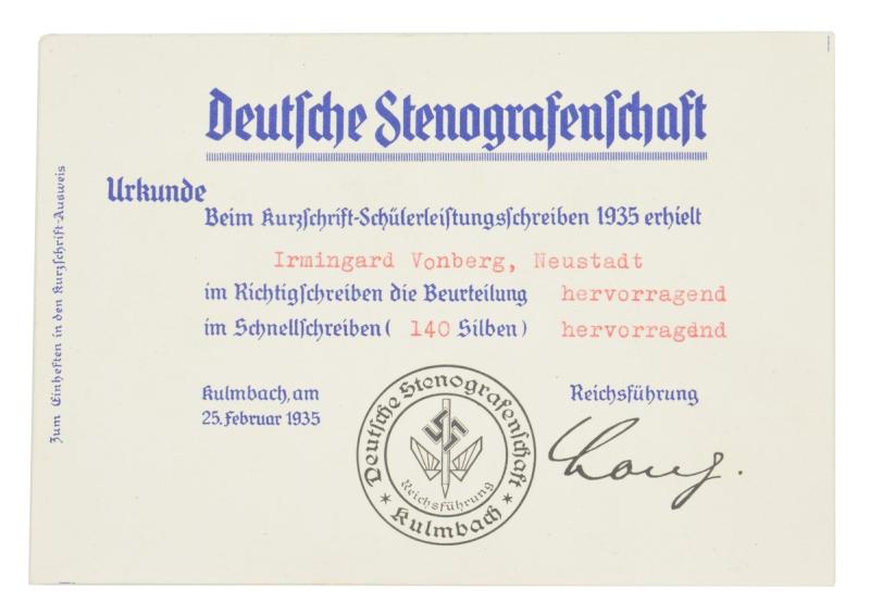 German NS Stenografenschaft Certificate