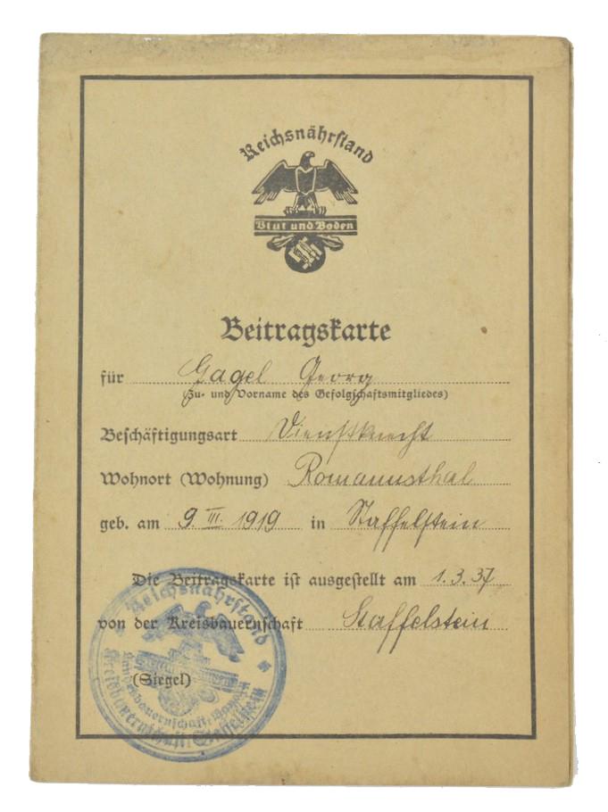 German Third Reich 'Reichsnährstand' Memberpass