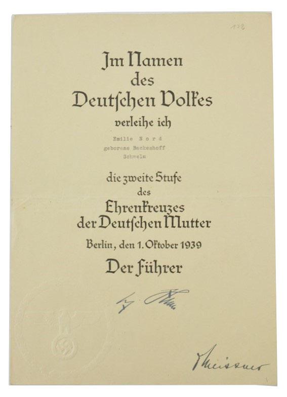 German Mother's Cross in Silver Certificate