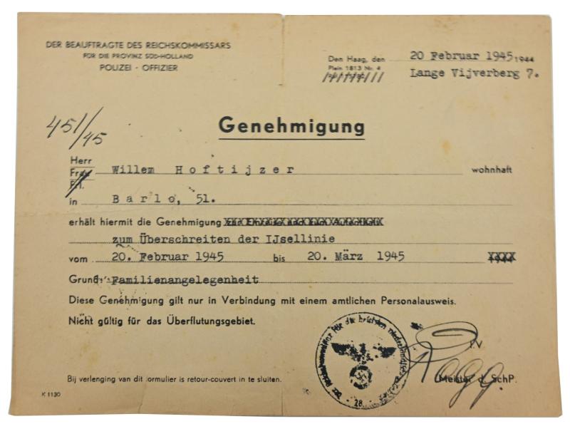 German /Dutch Permit Ijssellinie 1945