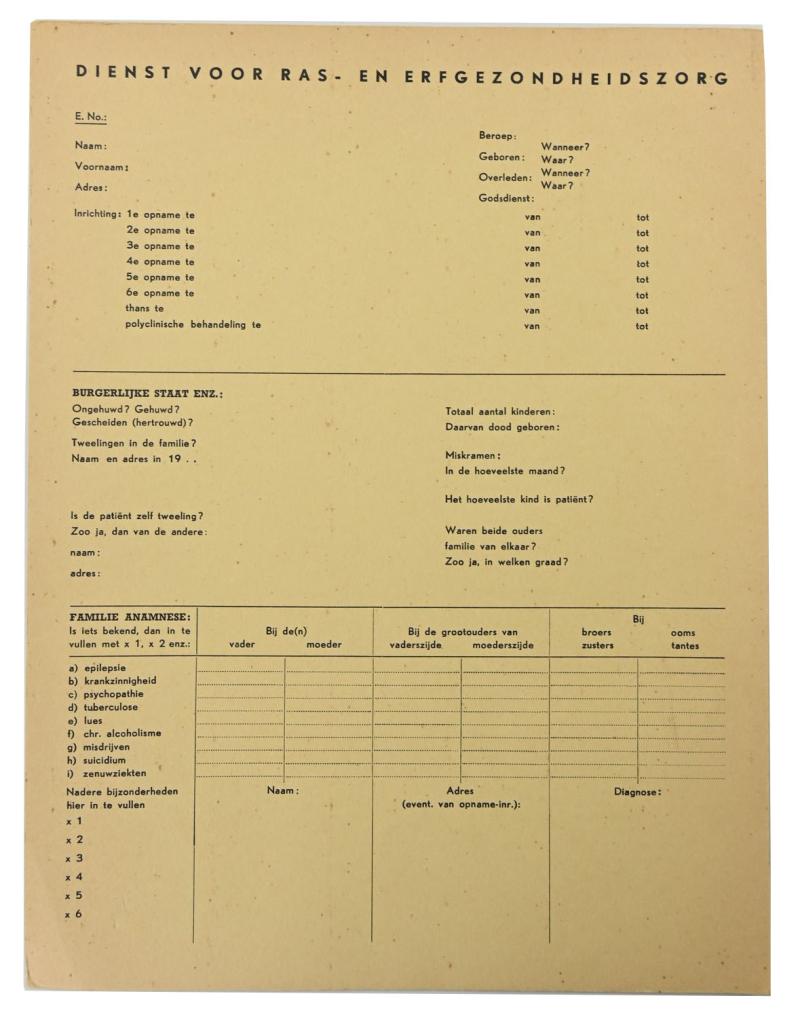 Dutch SS Form 'Dienst voor Ras- en Erfgezondheidzorg'
