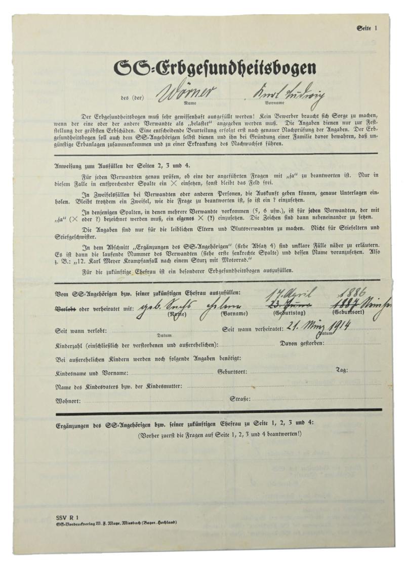 German SS 'Erbgesundheitsbogen' Form