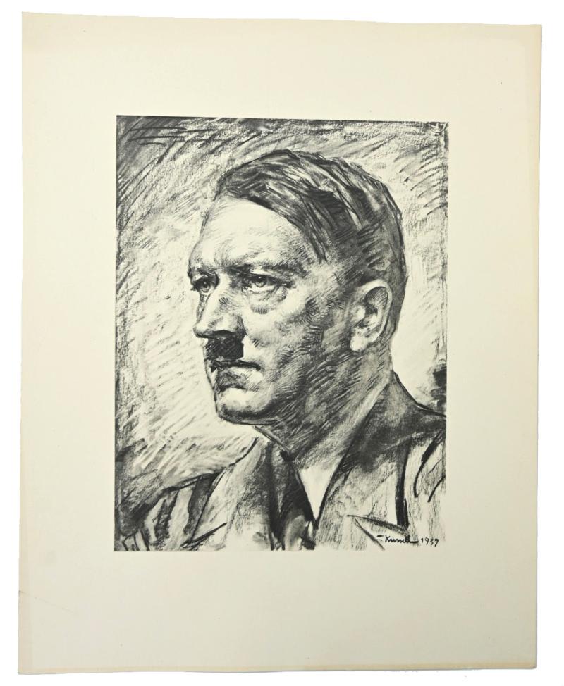 German Adolf Hitler Charcoal Drawing Litho Print