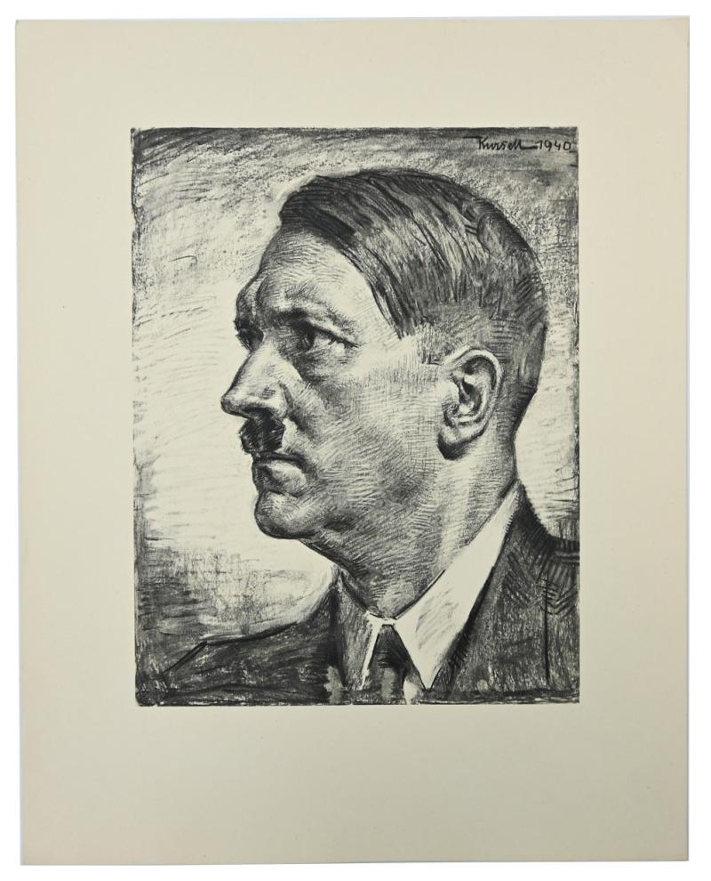 German Adolf Hitler Charcoal Drawing Litho Print