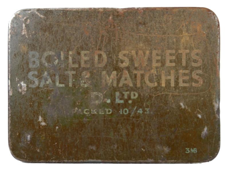 British WW2 Tin can of Boiled Sweets, Salt & Matches