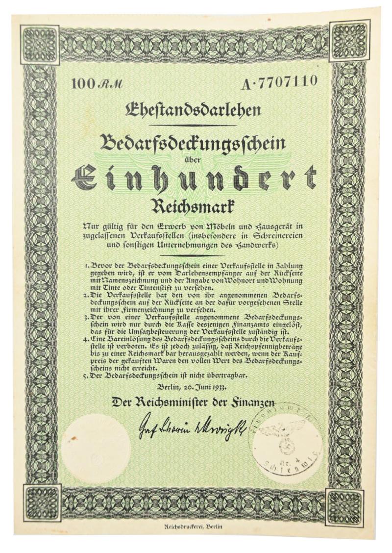 German Third Reich Era Marriage Loan Certificate