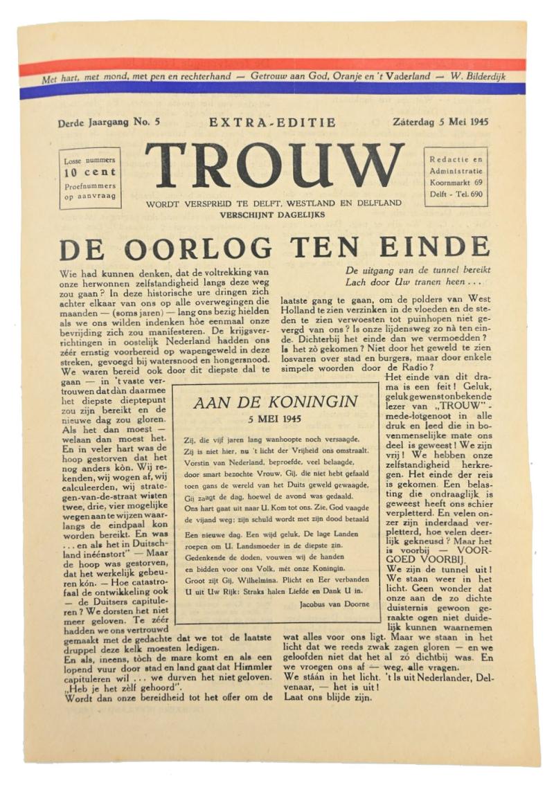 Dutch Newspaper Extra Edition Liberation Day 5 May 1945