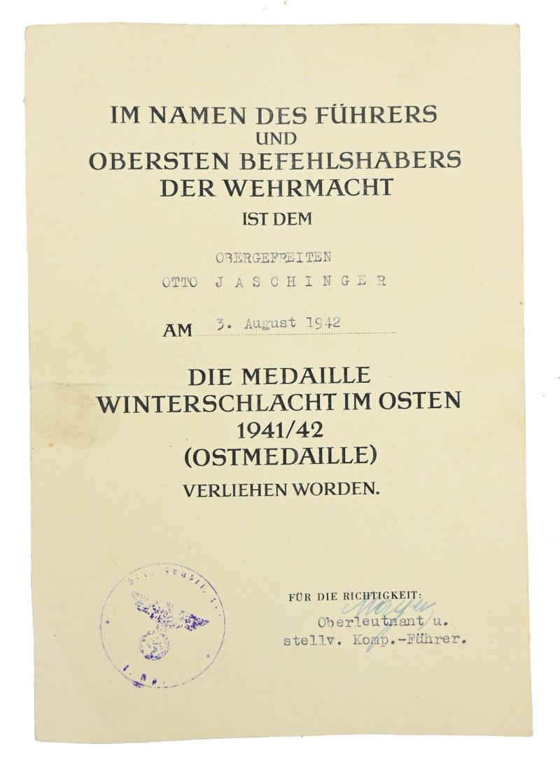 German Eastern Front Medal Certificate