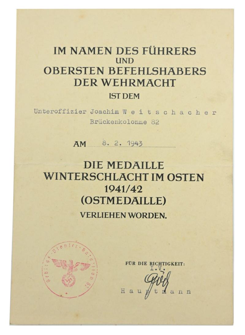 German Eastern Front Medal Certificate