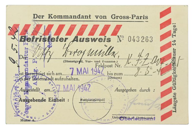 German Permit for Paris 1942