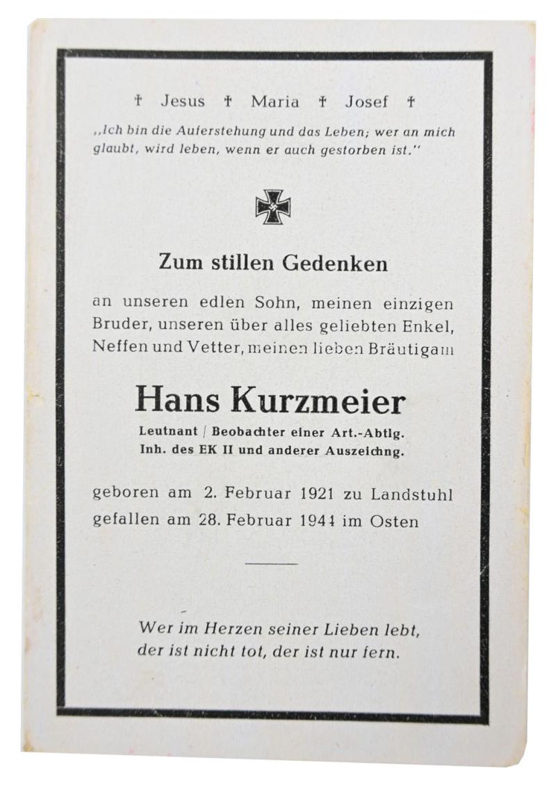 German WH Deathcard 'Lt.Hans Kurzmeier'