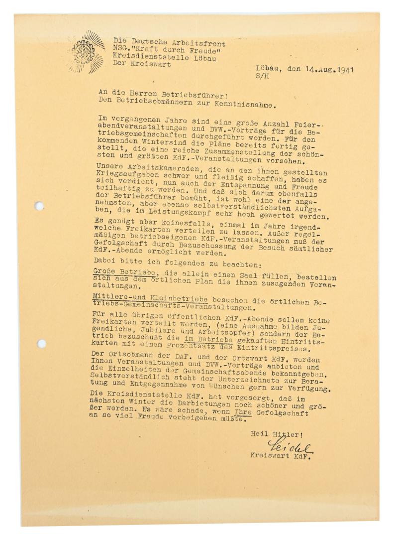 German DAF/KdF Member Letter 1941