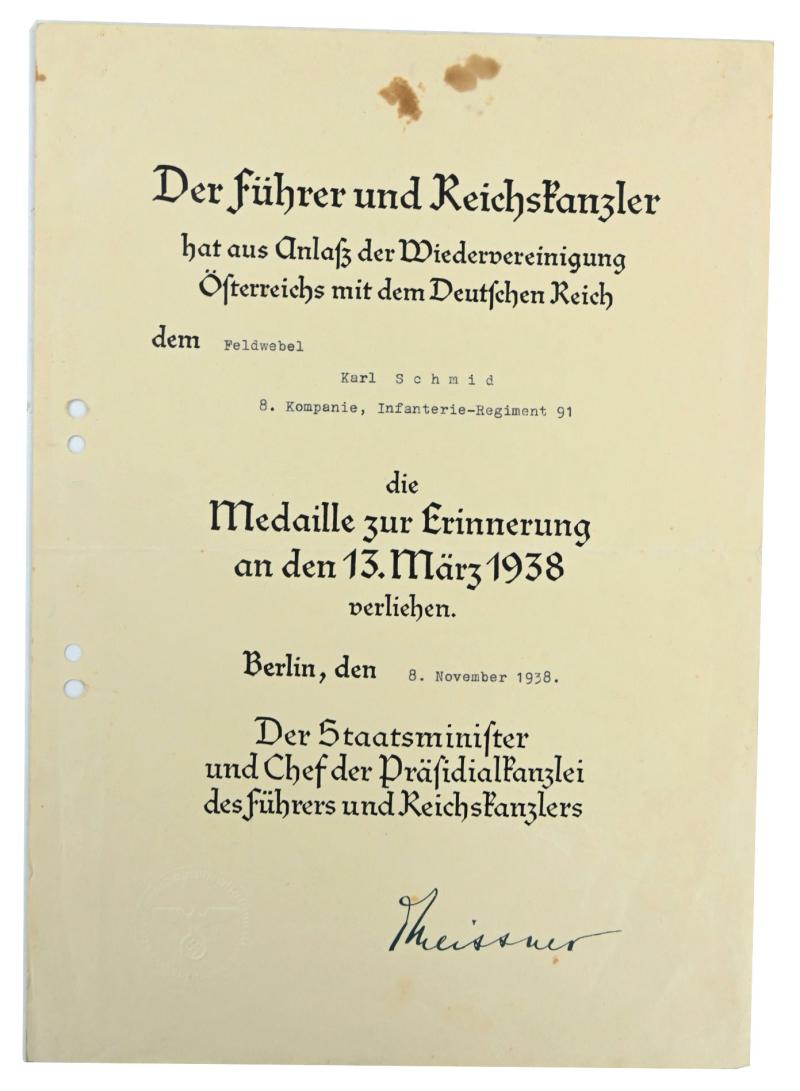 German Third Reich 13 March 1938 Certificate