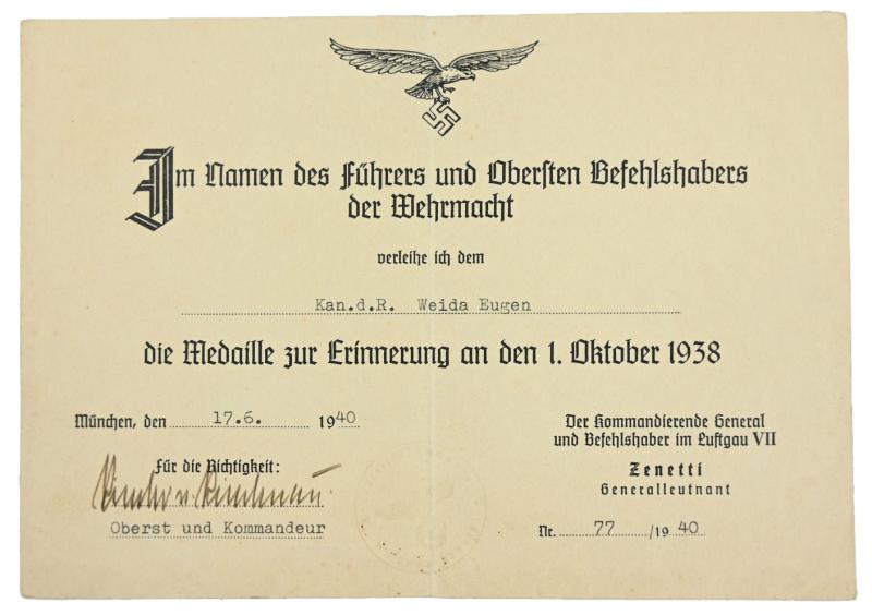 German Third Reich 1 October 1938 Certificate