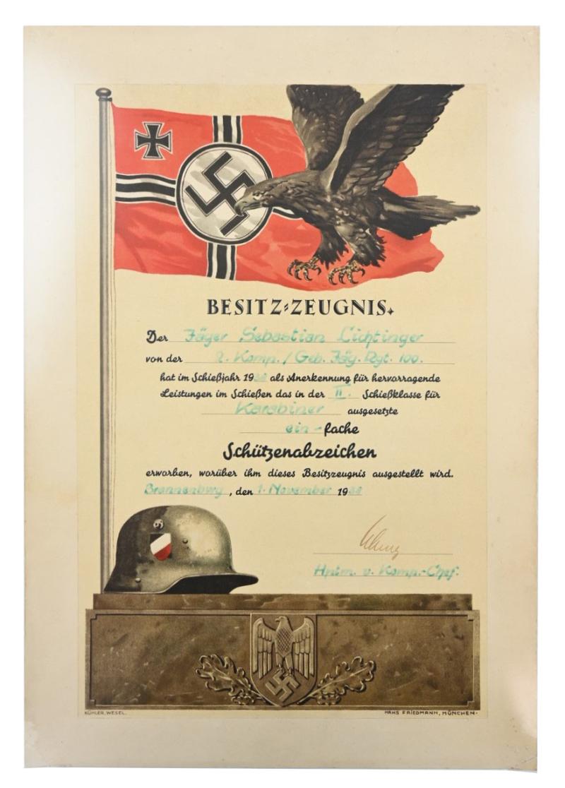 German WH GBJ Shootingbadge Certificate