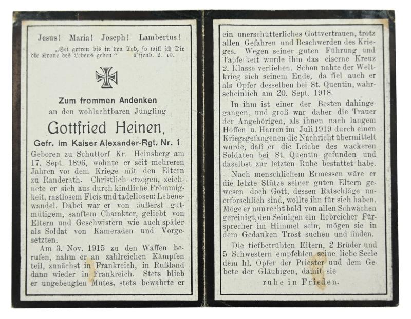 German WW1 Deathcard 'Gottfried Heinen'