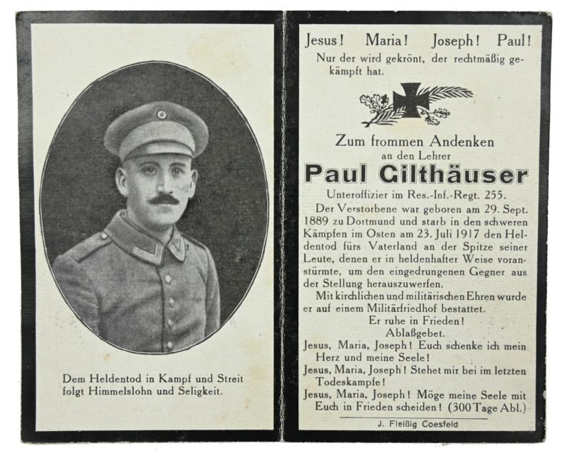 German WW1 Deathcard 'Paul Gilthauser'