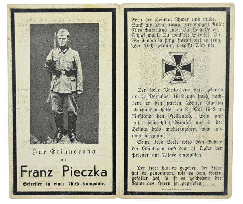 German WW2 Deathcard 'Franz Pieczka'