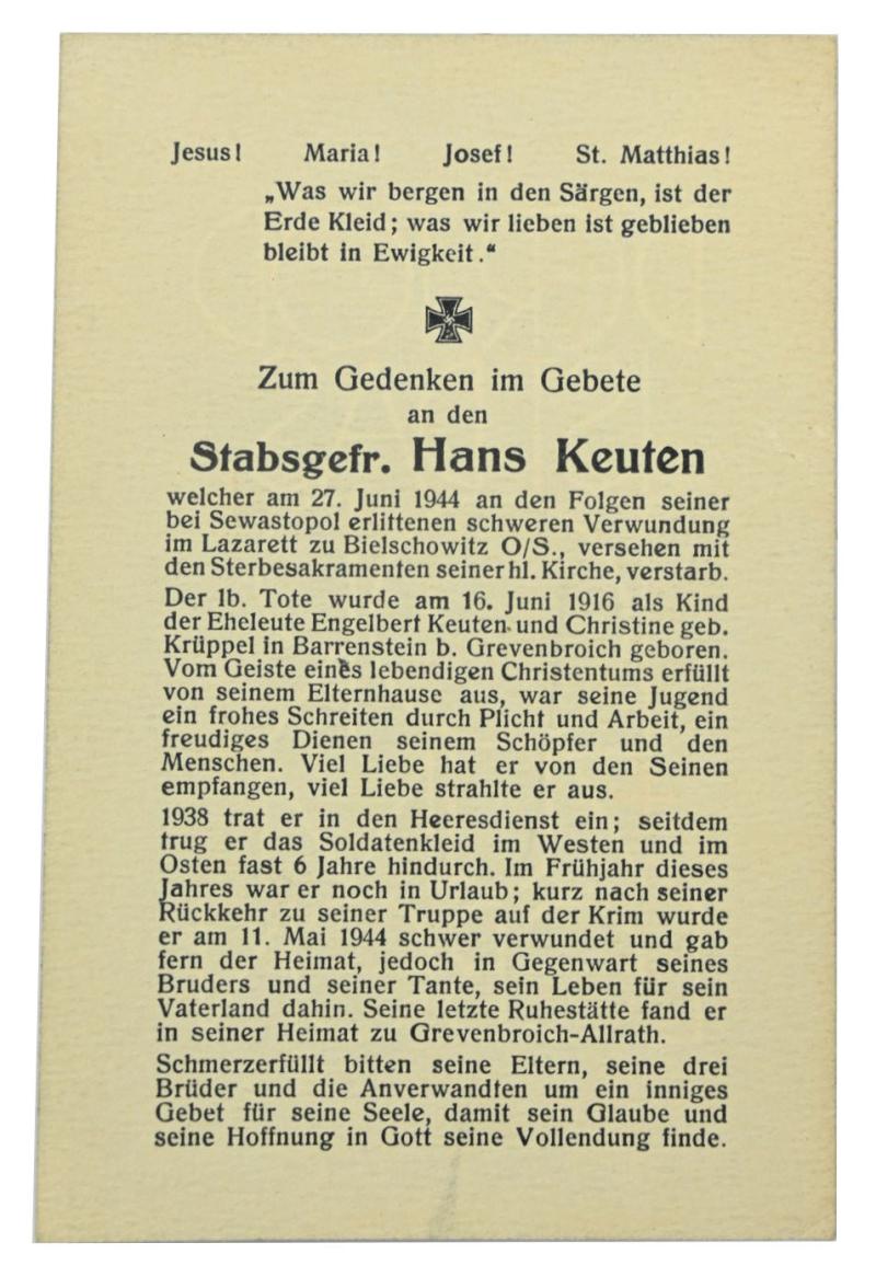 German WH Deathcard 'Hans Keuten'