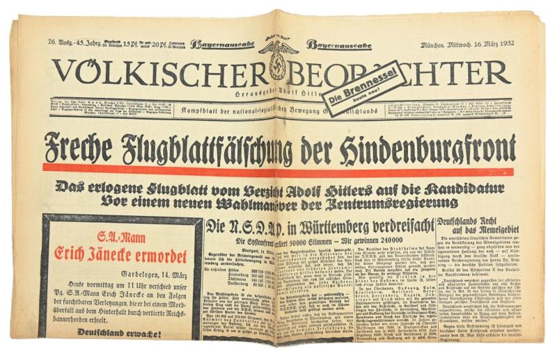 German Newspaper Volkischer Beobachter 16 March 1932