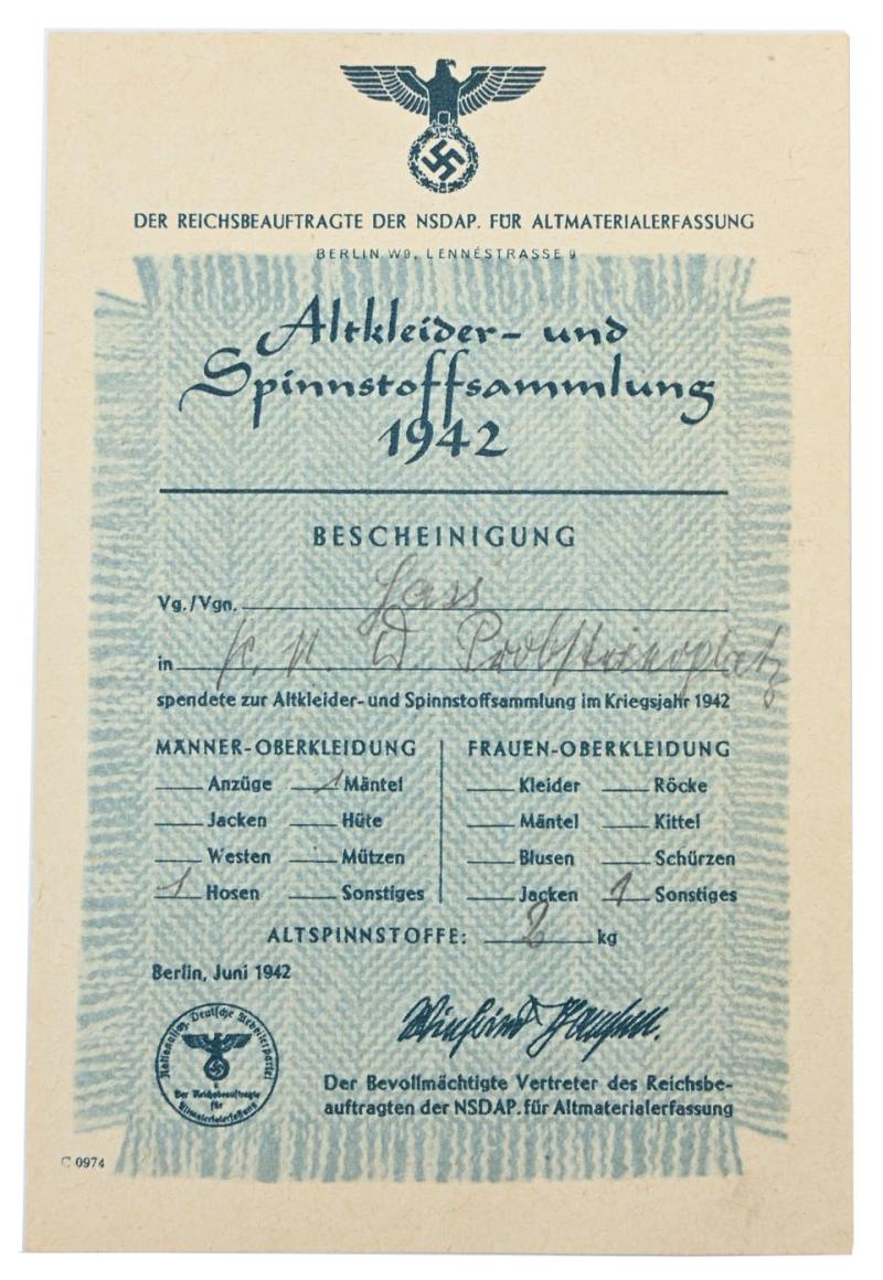 German Third Reich Era Clothing Recycling Certificate