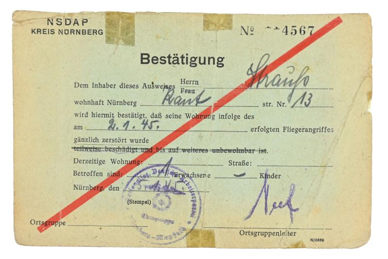 German NSDAP Document Neurenberg Bombing