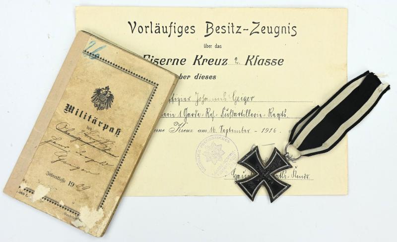 German WW1 Militairpass and Iron Cross 2nd Class with Certificate