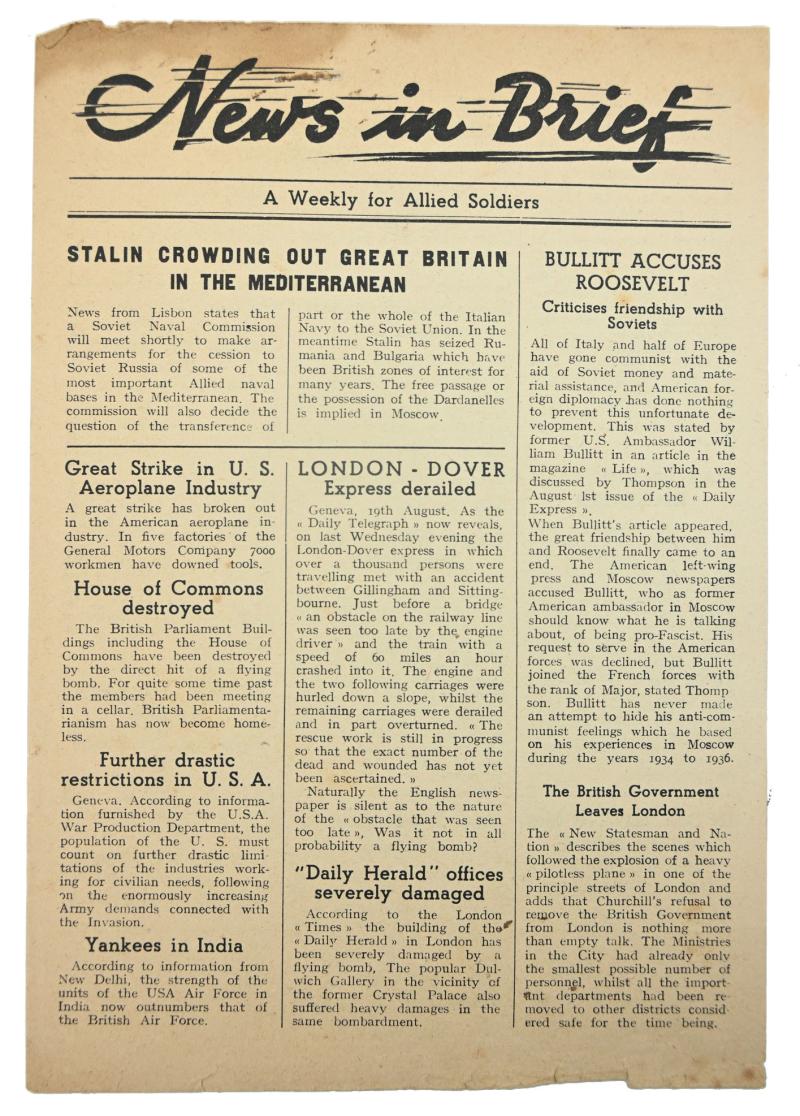 US WW2 Allied News Leaflet 'News in Brief'