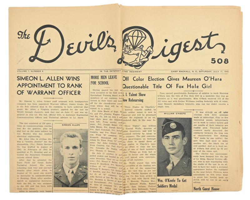 US WW2 508th Parachute Infantry Newspaper 'The Devil's Digest'