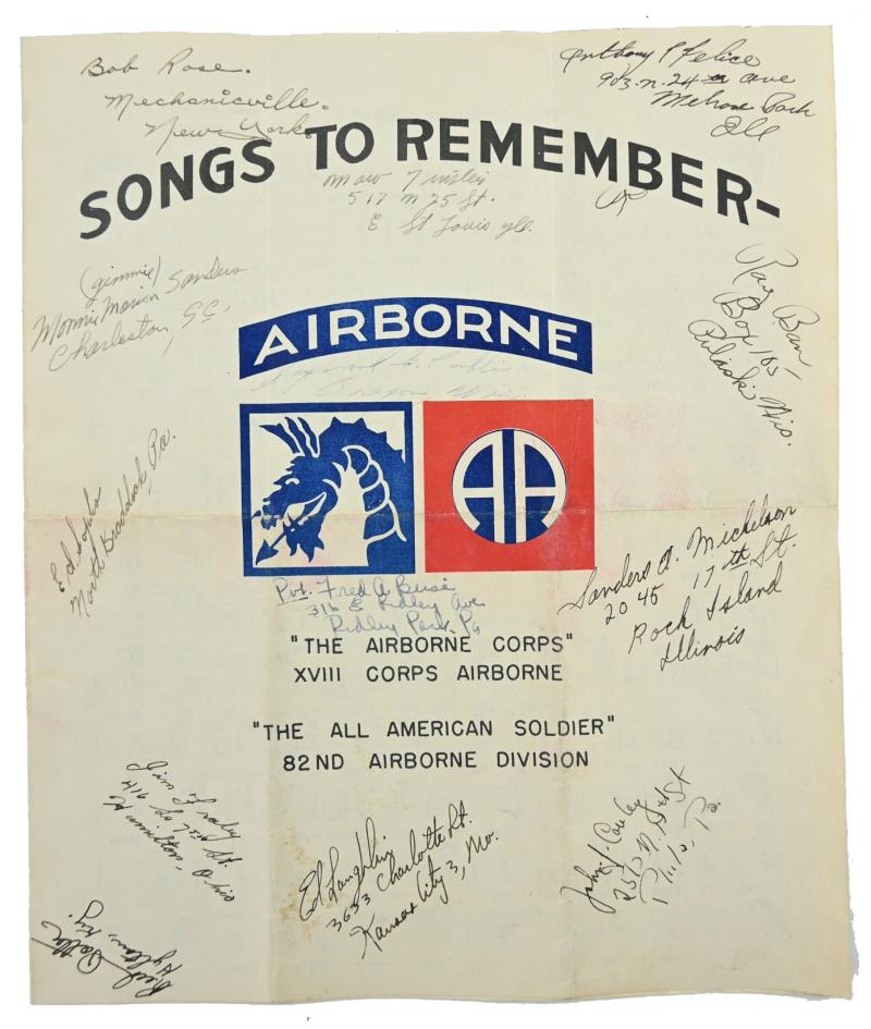 US WW2 82nd Airborne Division Signed Song Book