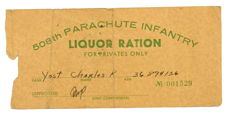 US WW2 508th Parachute Infantry Regiment Liquor Ration Coupon