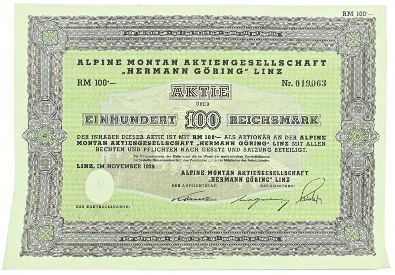 German Third Reich Certificate Alpine Montan AG 