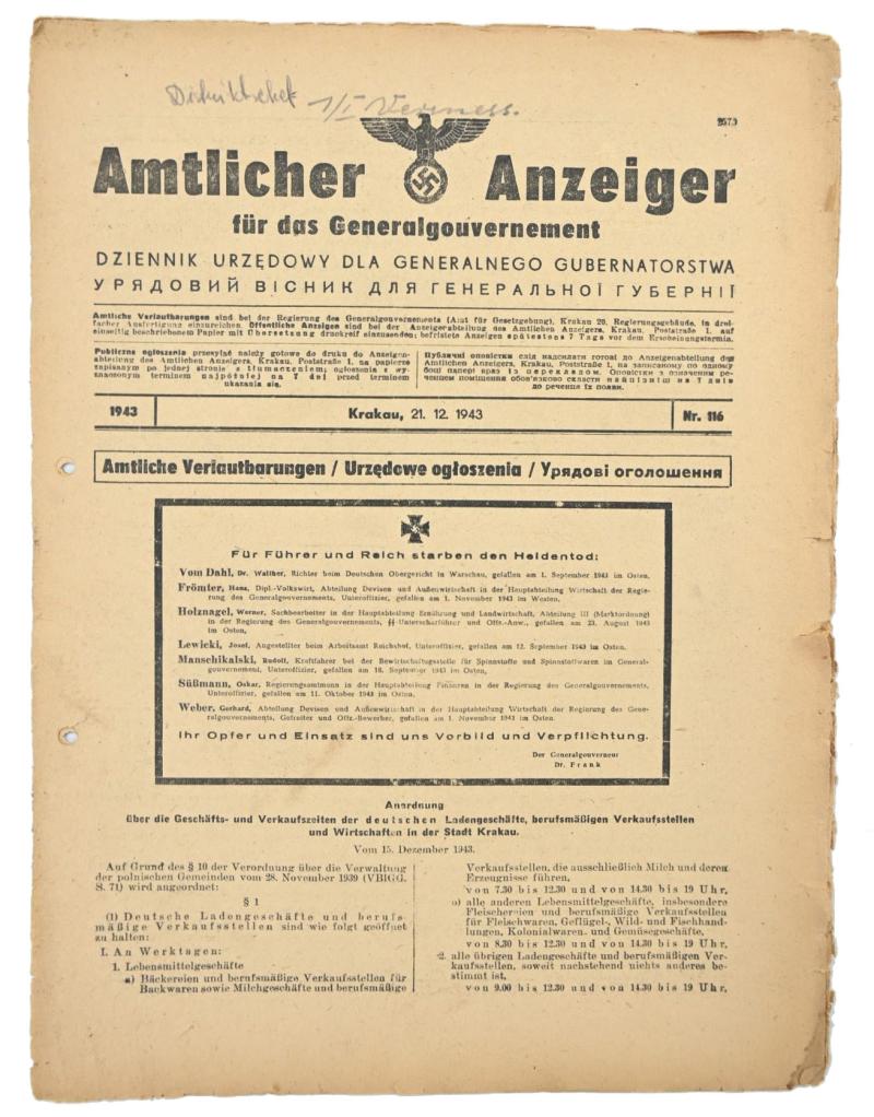 German Generalgoverment Newspaper 'Amtlicher Anzeiger'