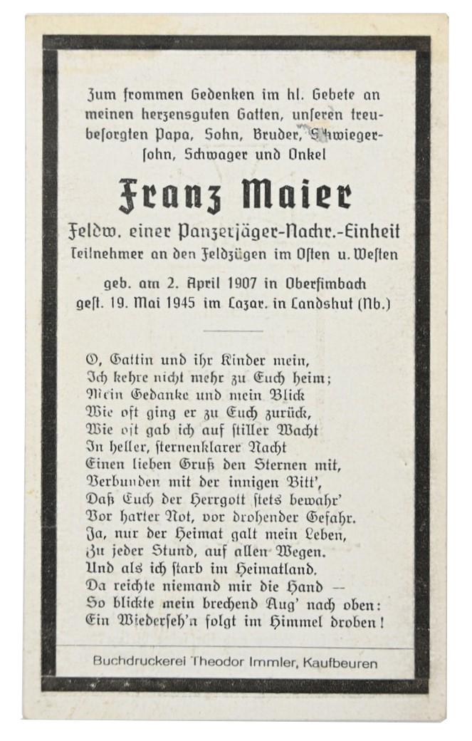 German WH Panzerjager Deathcard 'Franz Meier'