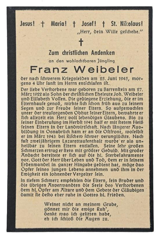 German WH Deathcard 'Franz Weibeler'