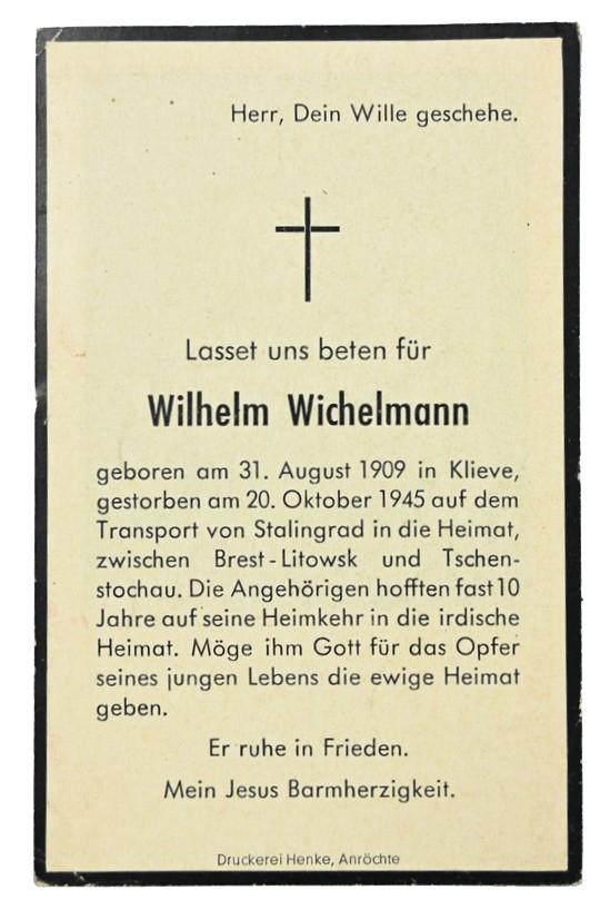 German WH Deathcard 'Wilhelm Wichelmann'