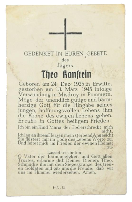 German WH Jager Deathcard 'Theo Kanstein'