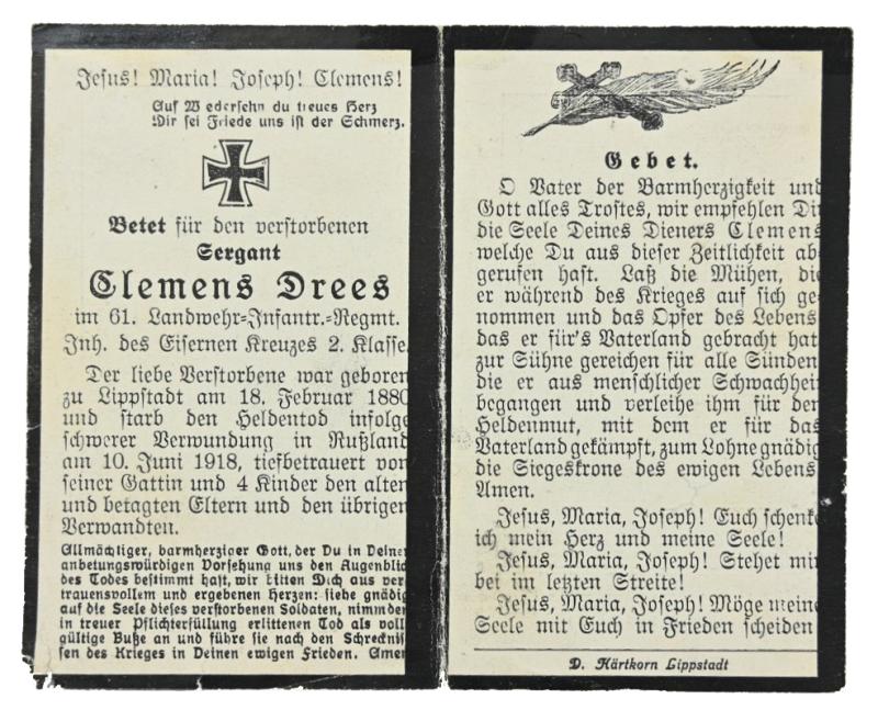 German WW1 Deathcard 'Clemens Drees'