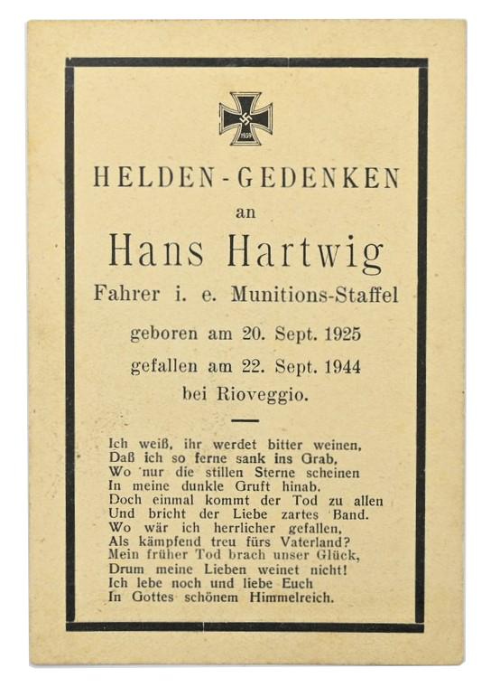 German WH Deathcard 'Hans Hartwig'