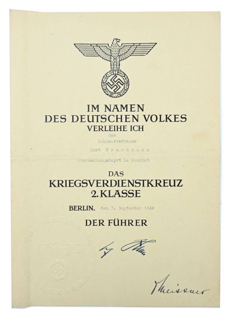 German Reichsbahn War Merit Cross Certificate