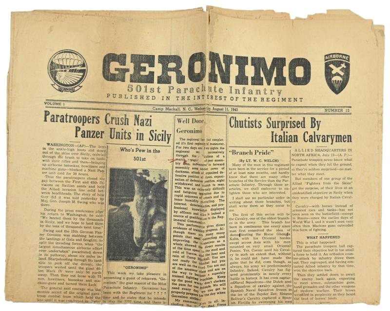 US WW2 101st Airborne Division 501st PIR 'Geronimo' Newspaper 1943