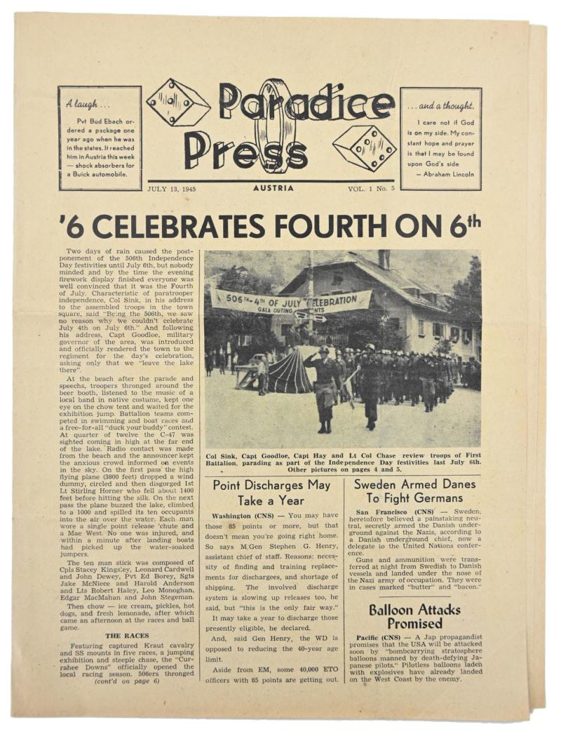 US WW2 101st Airborne Division / 506th PIR Newspaper 'Paradice Press'