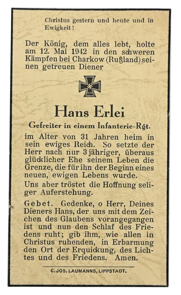 German WH Deathcard 'Hans Erlei'