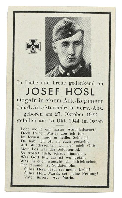 German WH Deathcard 'Josef Hosl'