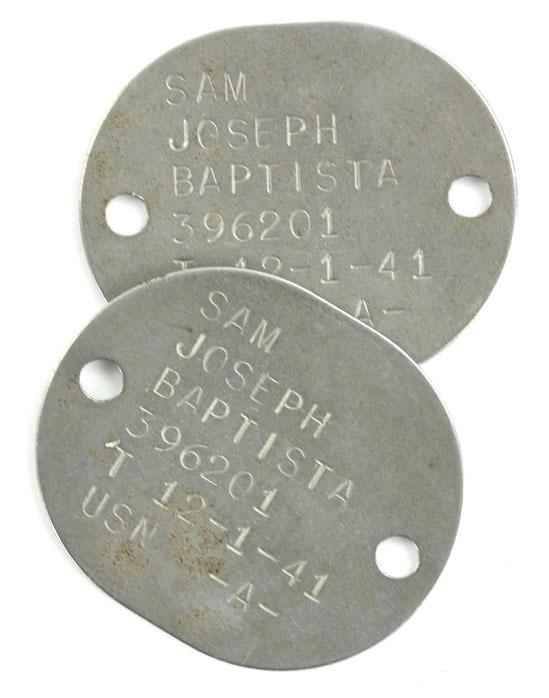 US Navy WW2 Dog-Tags of 'Samuel Joseph “Sam” Baptista Jr'.