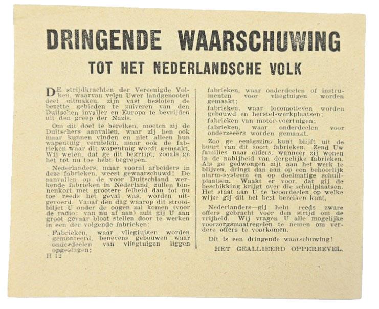 Allied WW2 Droppingsflyer 'Urgent Warning'