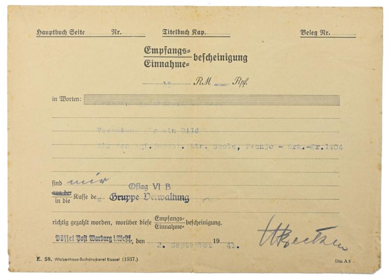 Yugoslavian Painting Reciept 'Oflag VI B'